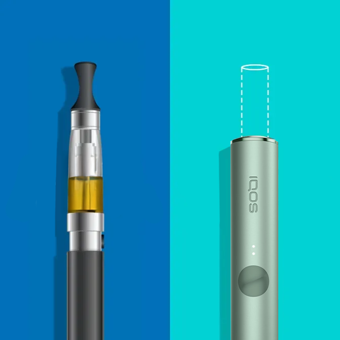 Infographic comparing products without combustion. On the left is an electronic cigarette on a blue background and on the right is an IQOS ILUMA device in green with a stylised tobacco stick in grey on a turquoise background. Above the electronic cigarette the text is ‘electronic cigarettes heat liquids’ and above the IQOS ILUMA the text is ‘IQOS heats tobacco sticks from the inside’.